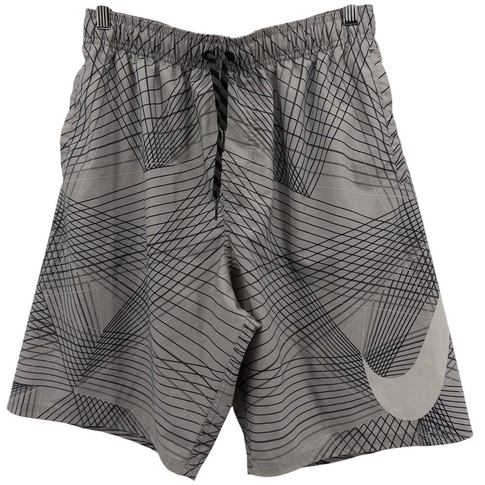 Nike Swim Trunks Mens Medium Gray Geometric Grid Swoosh NESS8416 Athletic